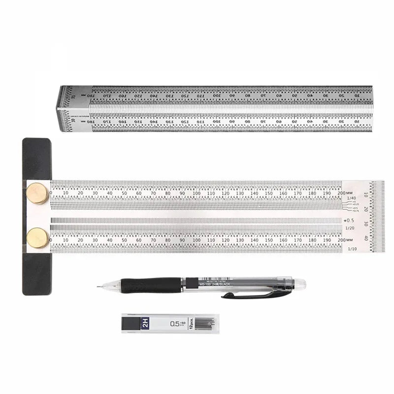 High Precision T-Type Scale Ruler — Stainless Steel Woodworking Scribing & Marking Gauge
