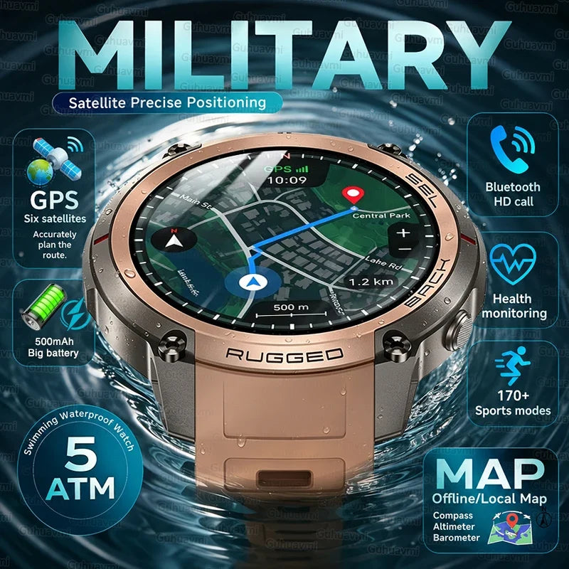 Military GPS Smartwatch for Men - 1.43" AMOLED Display, Bluetooth Calls, Compass, 5ATM Waterproof & 170+ Sports Modes