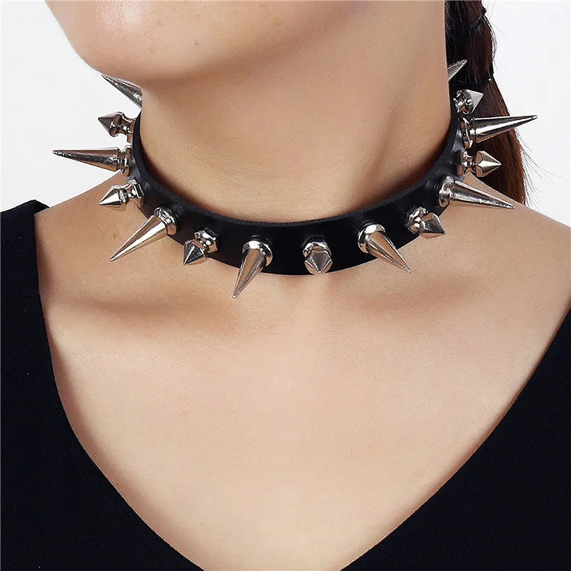 Punk Long Spike Choker Faux Leather Collar – Studded Rivet Necklace for Women & Men, Goth Style Accessories