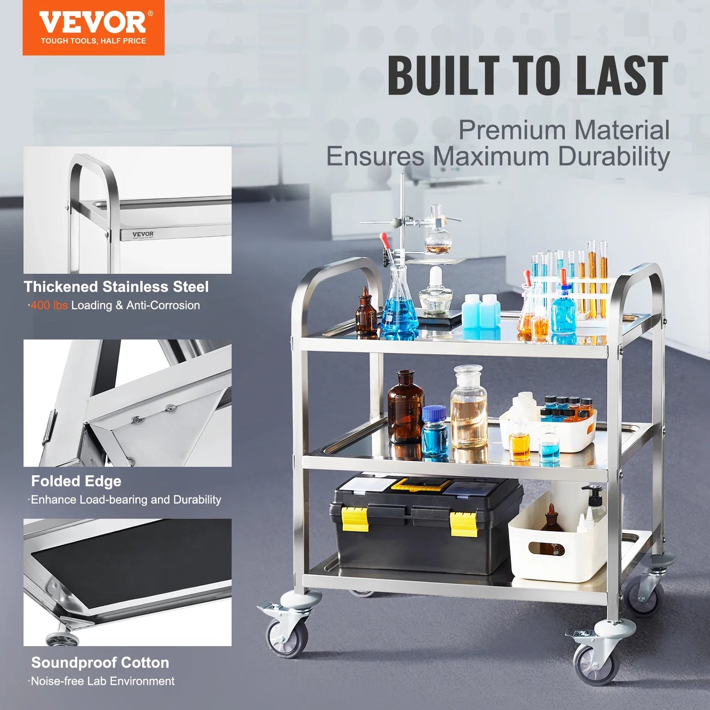 VEVOR Stainless Steel Lab Utility Cart – 1/2/3 Tier Medical & Kitchen Cart with Lockable Wheels