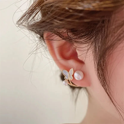 Korean Vintage Pearl & Crystal Earrings for Women — Luxury Zircon Flower, Butterfly & Leaf Stud Jewelry