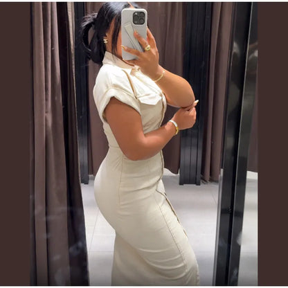 Women’s Chic White Denim Dress – Casual Lapel Long Slim Maxi, Single-Breasted Short Sleeve Summer Dress