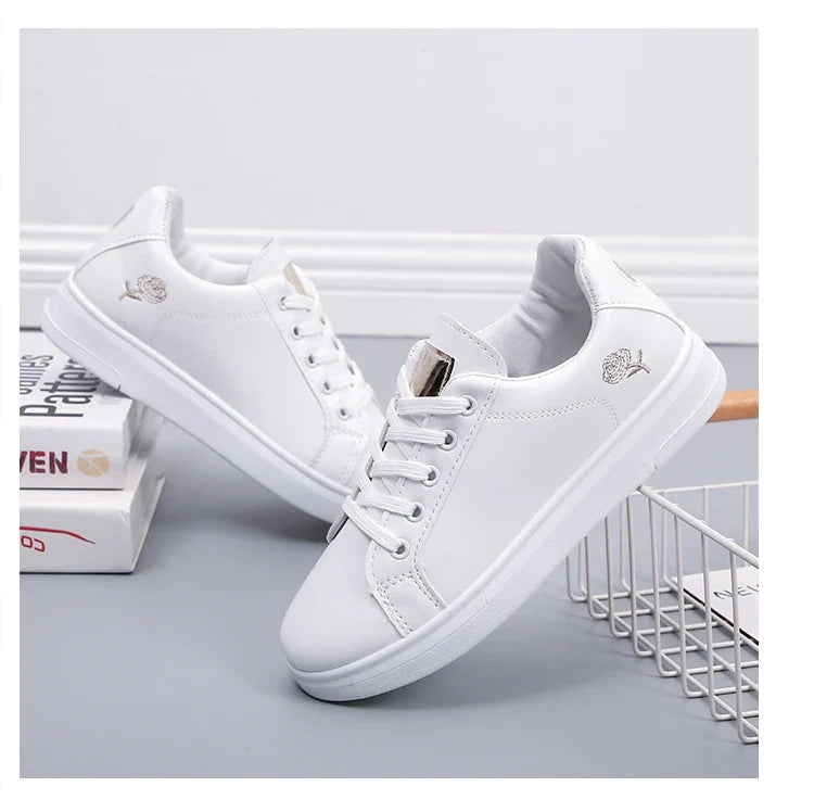 Women’s White Embroidered Sneakers - Breathable PU Leather Casual Lace-Up Shoes
