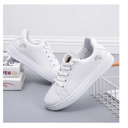 Women’s White Embroidered Sneakers - Breathable PU Leather Casual Lace-Up Shoes