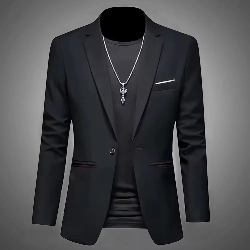 Men’s Casual Business Slim Fit Suit Jacket — Trendy Autumn Single-Button Formal Blouse, Non-Iron Solid Color