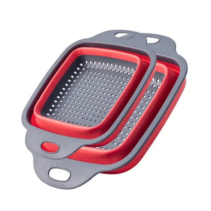 Foldable Silicone Colander - Round & Square Fruit Vegetable Washing Basket Strainer with Collapsible Drainer Handle, Essential Kitchen and Bar Tools