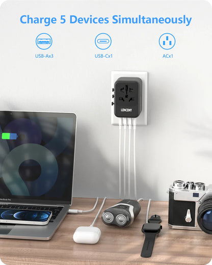 LENCENT Universal Travel Adapter with 3 USB Ports & Type-C PD Charging - EU/UK/USA/AUS Plug, All-in-One Travel Charger