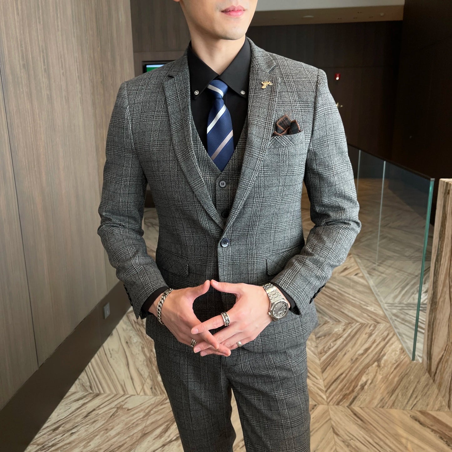 Men’s British Korean Plaid Three-Piece Suit – Stylish Business Casual Set with Blazer, Vest & Trousers