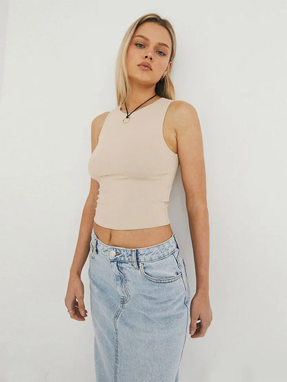 Sleeveless Tight-Fitting Racerback Top with Round Neck - Women's Athletic Shirt