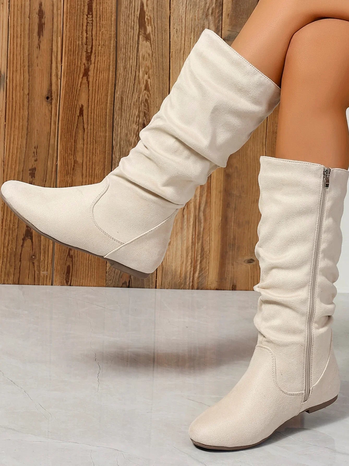 Pleated PU Women’s Fashion Boots – Casual Side-Zip Round Toe Flat High Solid Color Boots