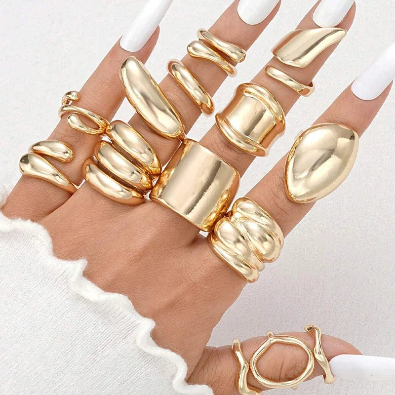 14pcs Gold Geometric Rings Set for Women – Wide Face Smooth Asymmetrical Fashion Jewelry Gift