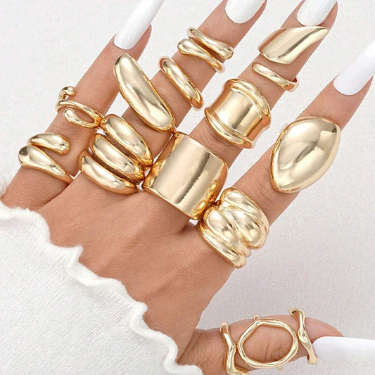 14pcs Gold Geometric Rings Set for Women – Wide Face Smooth Asymmetrical Fashion Jewelry Gift