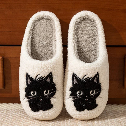 Women’s Cartoon Black Cat Slippers - Winter Indoor Bedroom Shoes with Soft Anti-Slip Comfort Sole