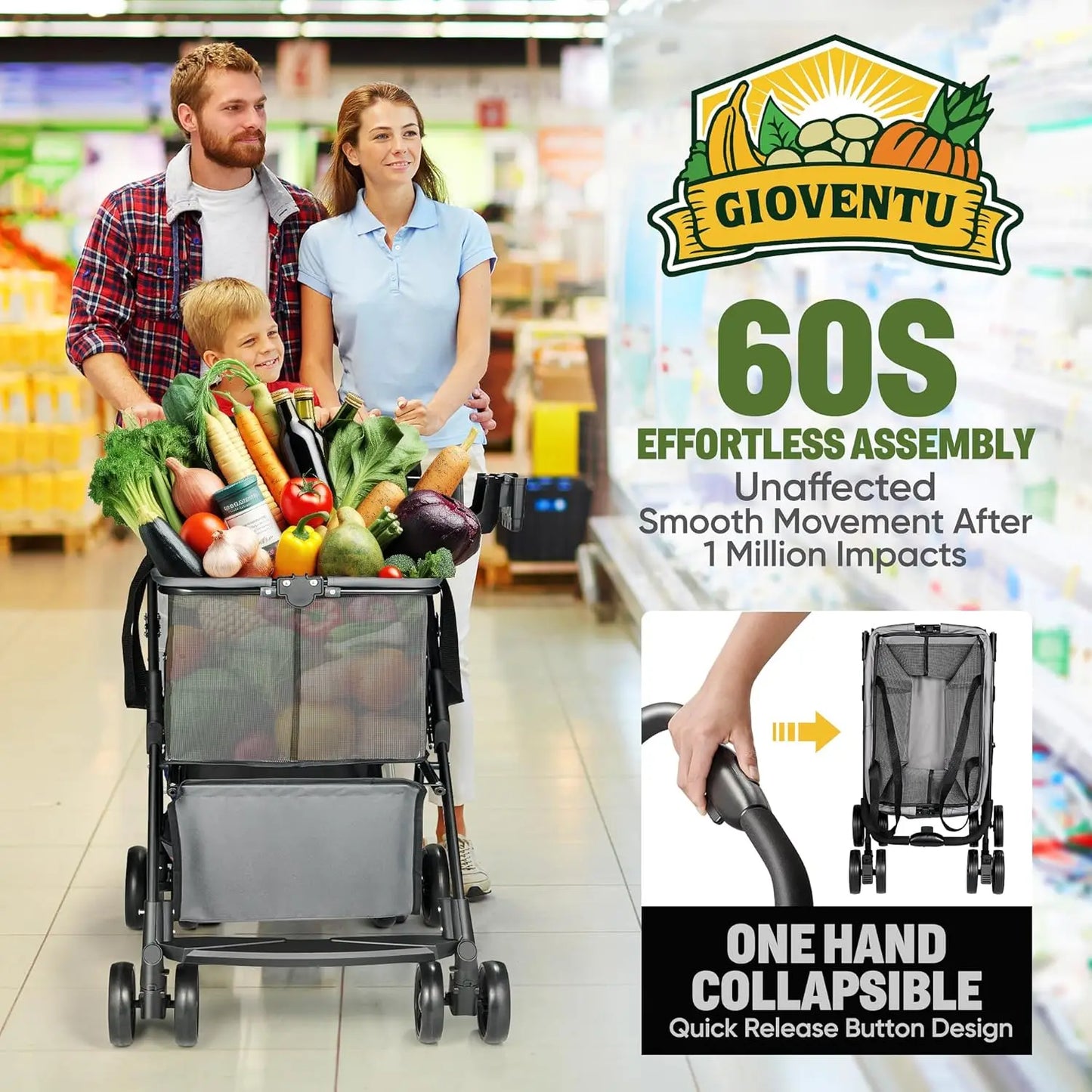 Folding Grocery Shopping Cart – 80lbs Capacity, Collapsible with Removable Tote & Swivel Wheels