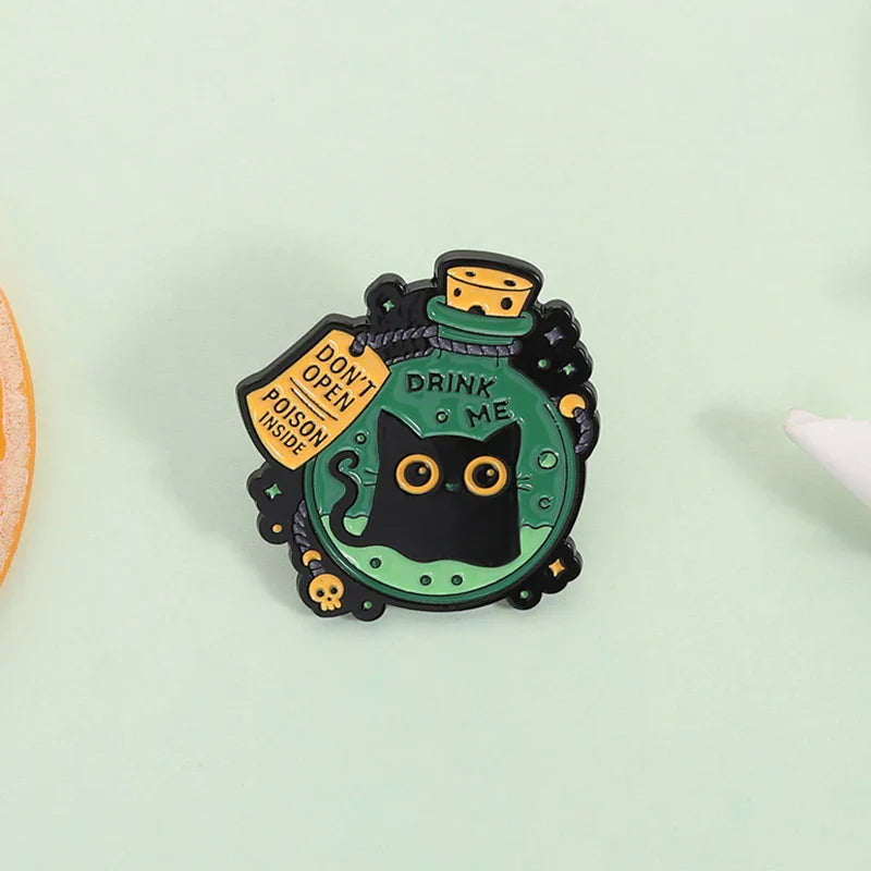 Cute Big-Eyed Black Cat Enamel Pin – Elf Magic Potion Animal Brooch for Halloween Jewelry Gift