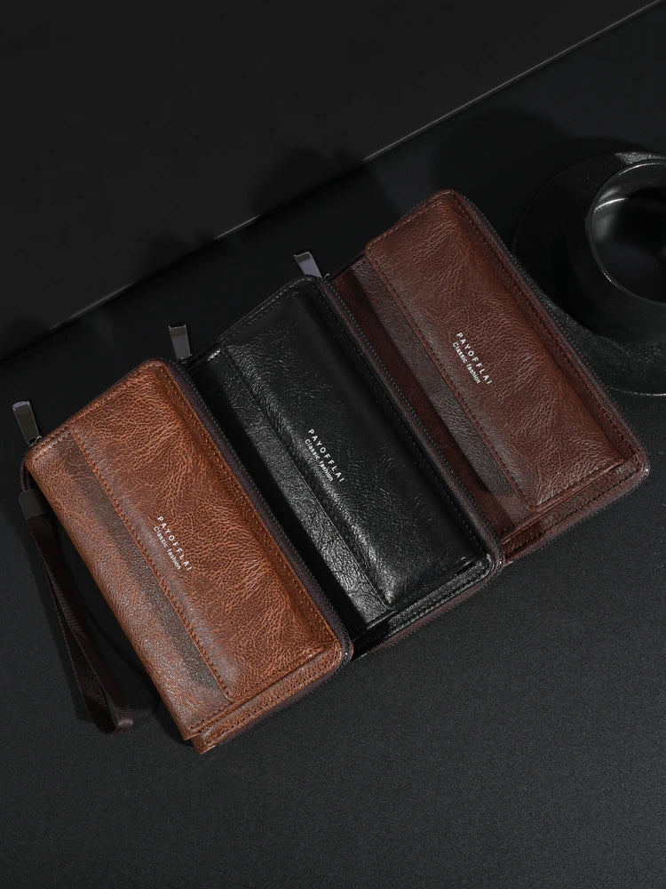 Men's PU Leather Zipper Handbag - Large Capacity Long Wallet Clutch with Phone Bag, Multi-Card Holder and Coin Purse