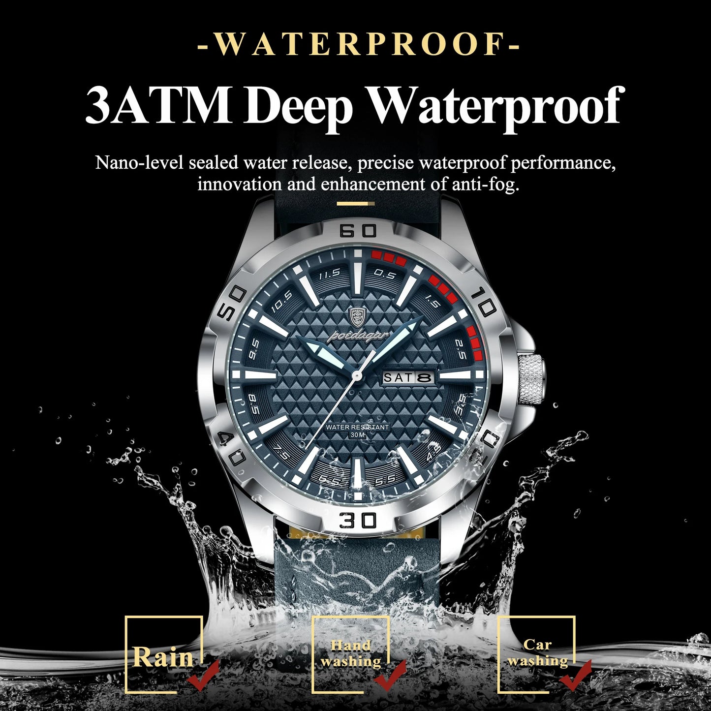 POEDAGAR Men’s Luxury Wristwatch – Waterproof Quartz Sport Watch with Luminous Hands, Date & Week Display, Leather Strap