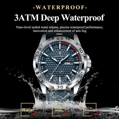 POEDAGAR Men’s Luxury Wristwatch – Waterproof Quartz Sport Watch with Luminous Hands, Date & Week Display, Leather Strap