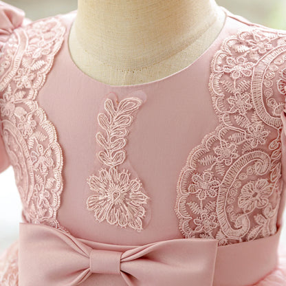 Infant Baby Girl Flower Embroidery Dress - Elegant Bow Princess Gown for Weddings, Baptism & Special Occasions