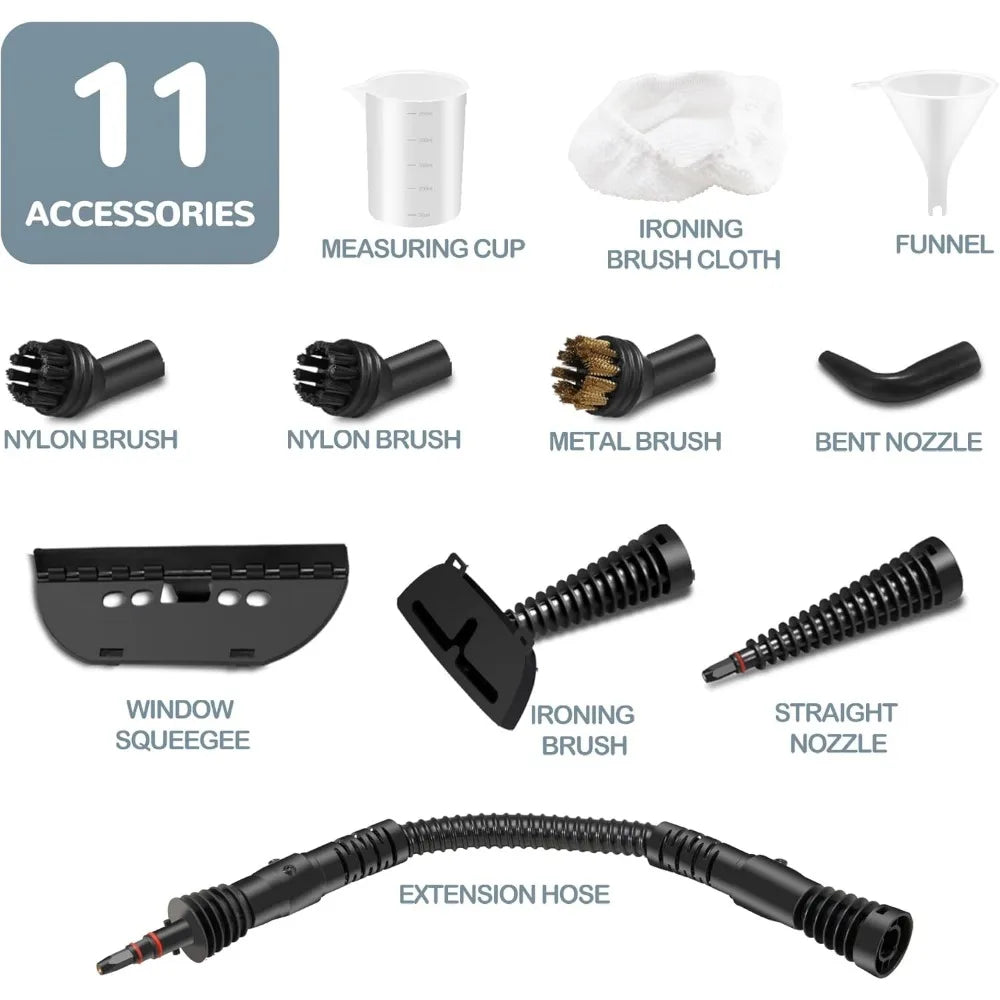 Portable Handheld Steam Cleaner – Large Capacity with 11 Piece Accessory Set for Floor, Car, Carpet & Window Cleaning