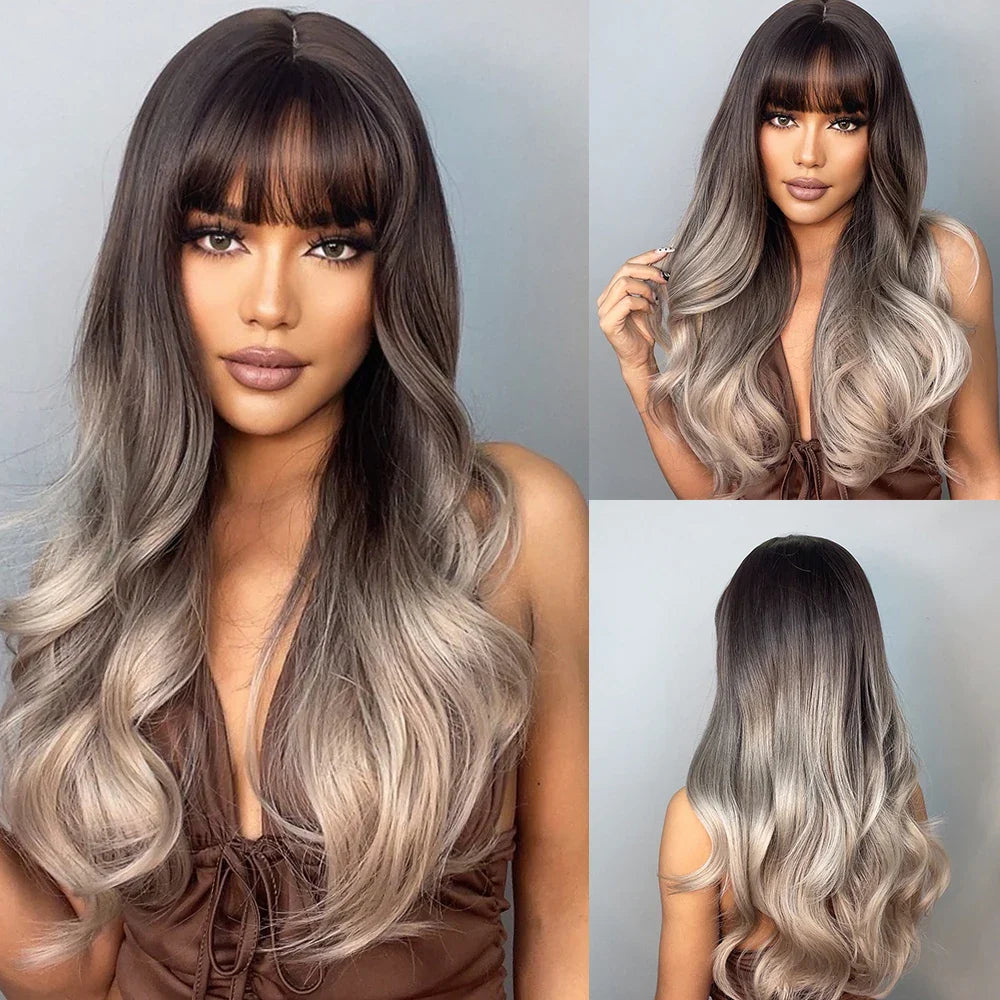 Ombre Honey Brown Long Synthetic Wig with Bangs — Wavy, Realistic, Soft, Heat-Resistant Hair for Daily & Party