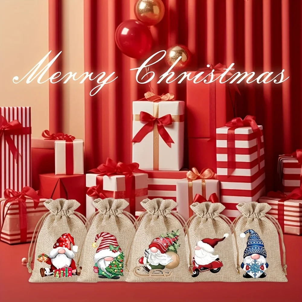 12PCS Christmas Linen Drawstring Gift Bags – 13×18cm Jewelry & Party Pouches with Random Patterns