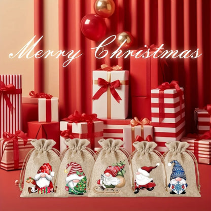 12PCS Christmas Linen Drawstring Gift Bags – 13×18cm Jewelry & Party Pouches with Random Patterns