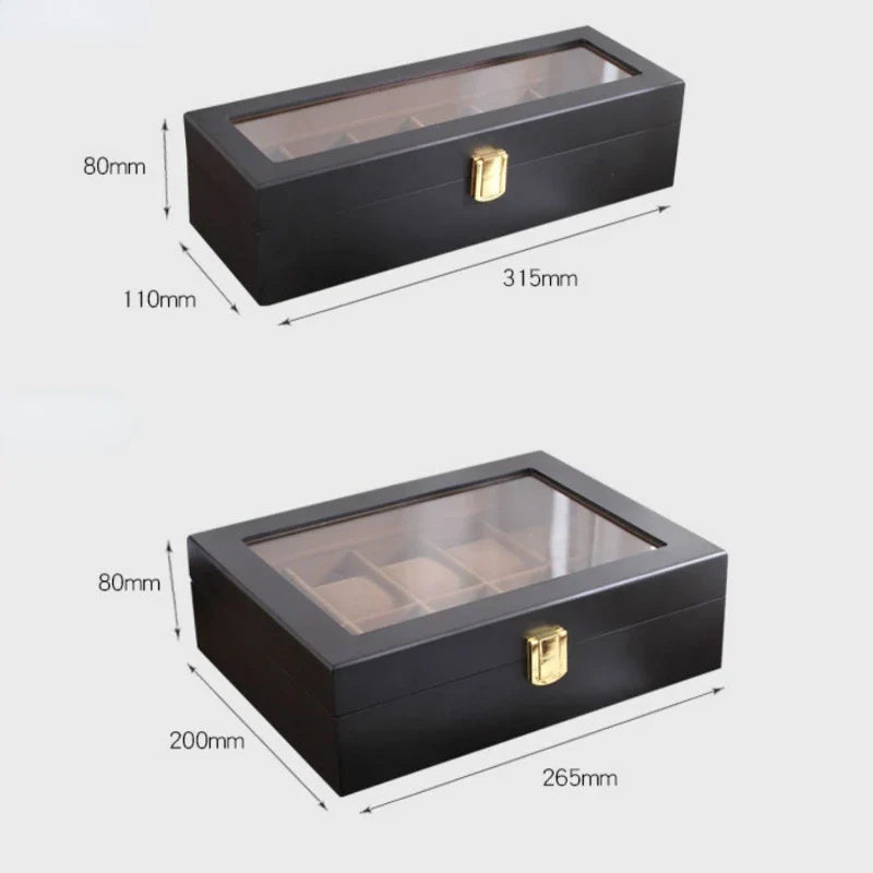 Handmade Wood Watch Box — 6/10/12 Grid Display Case & Jewelry Holder, Organizer for Watches Storage