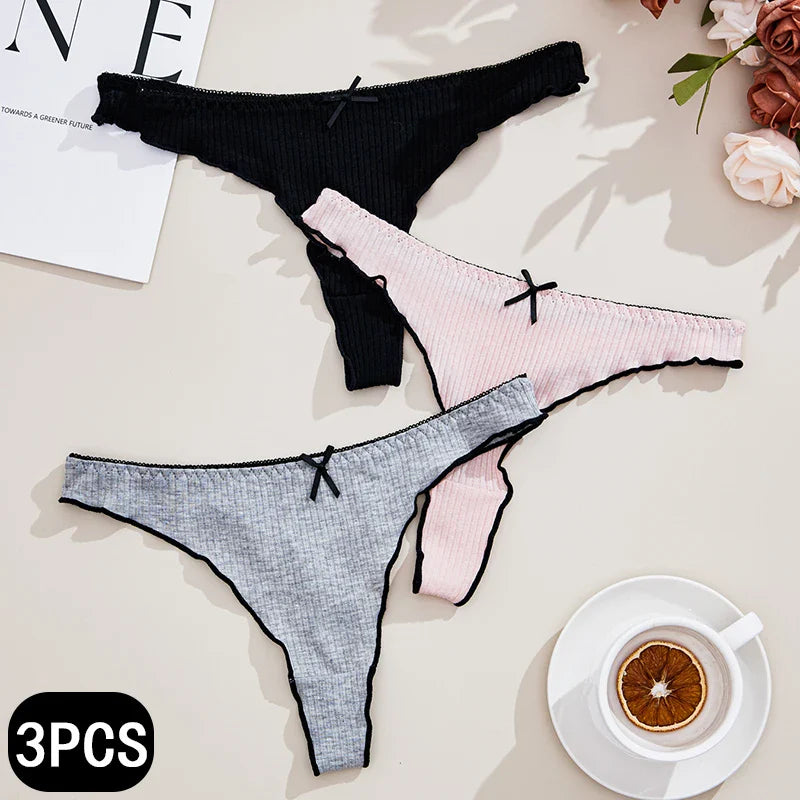 3Pcs Women's Low-Rise Thong Panties - Solid Color Cotton Lingerie for Comfort & Style