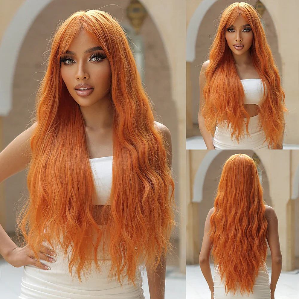 Long Orange Water Wave Wig for Women — Synthetic Wavy Hair with Bangs, Heat-Resistant for Cosplay & Party