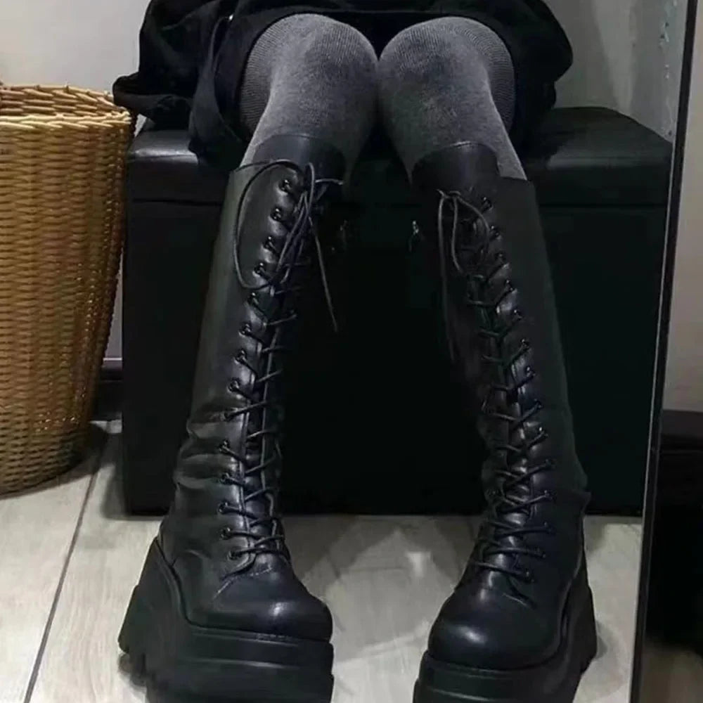 DoraTasia Women’s Black Gothic Mid-Calf Boots – Round Toe, Side Zipper Lace-Up Street & Christmas Party Shoes