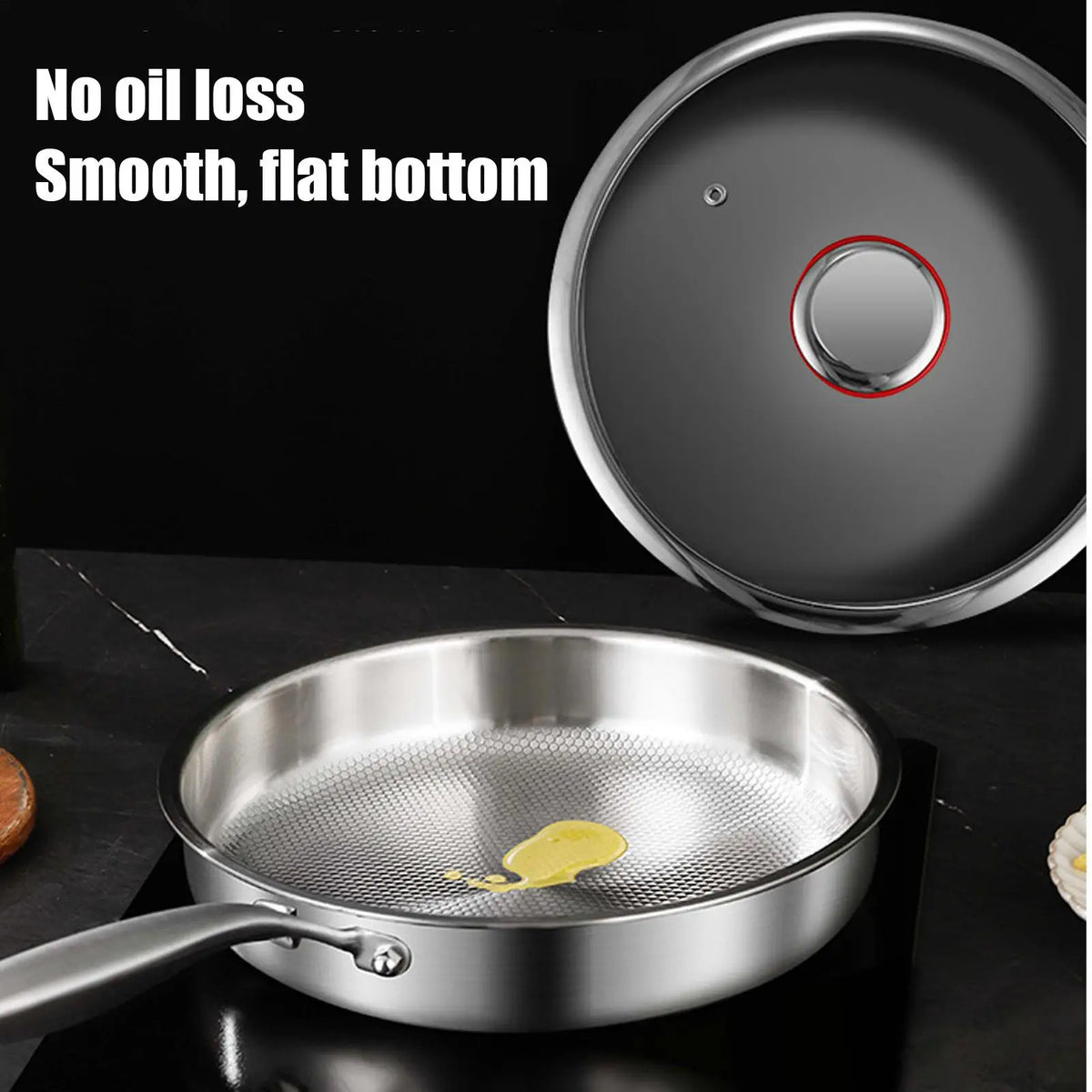 Titanium Frying Pan with Glass Lid - Non-Stick Even-Heating Stainless Steel Skillet for Kitchen Cooking, 26/28/30cm