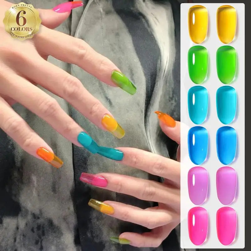 BORN PRETTY 7ml 6Pcs Soda Ice Jelly Gel Nail Polish Set - Gorgeous Full Coverage, Semi-Permanent Soak Off UV Gel Varnish