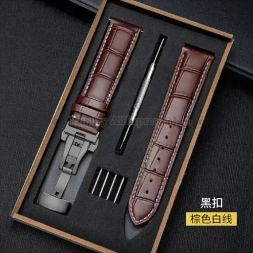 Universal Genuine Leather Watch Band 12–24mm with Butterfly Clasp – Premium Strap for Men & Women (Gift Box Included)