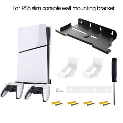 Wall-Mounted PS5 Slim Console Stand – Holder with 2 Controller Hooks & Punch Alignment Sticker, Easy Installation