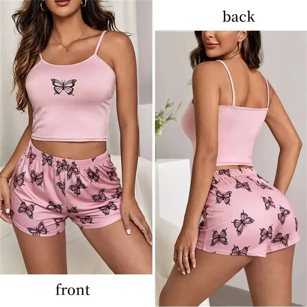 Women's 2-Piece Camouflage Pajama Set - Butterfly Print Tank Top and Casual Shorts