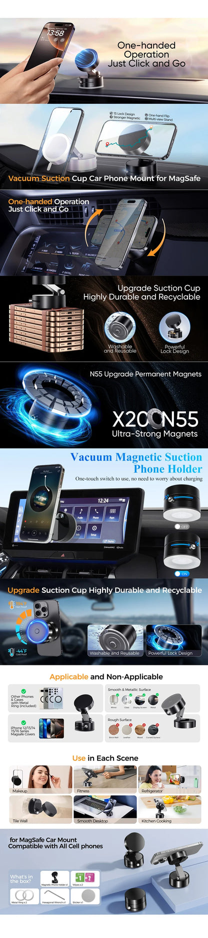 Ultra Magnetic Foldable Car Phone Mount – 360° Rotation Dashboard Holder with Vacuum Suction Cup & GPS Stand