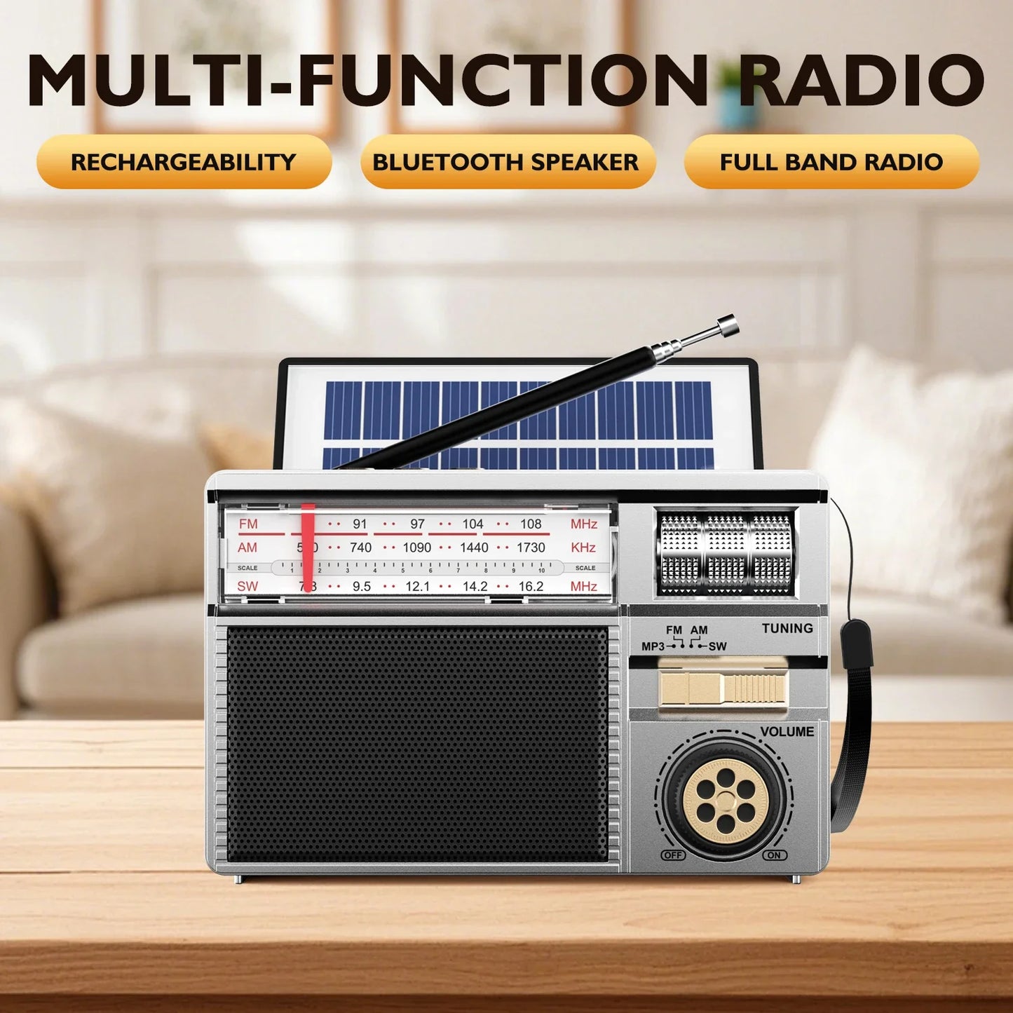 Retro All-Band Portable Radio – Wireless Audio, Solar & Multi-Mode Charging, Long Battery Life Outdoor Emergency Radio with Multiple Playback Modes