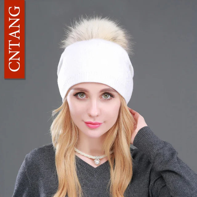 Autumn Winter Knitted Wool Hat for Women – Fashion Pompon Beanie with Genuine Raccoon Fur, Warm and Stylish Cap