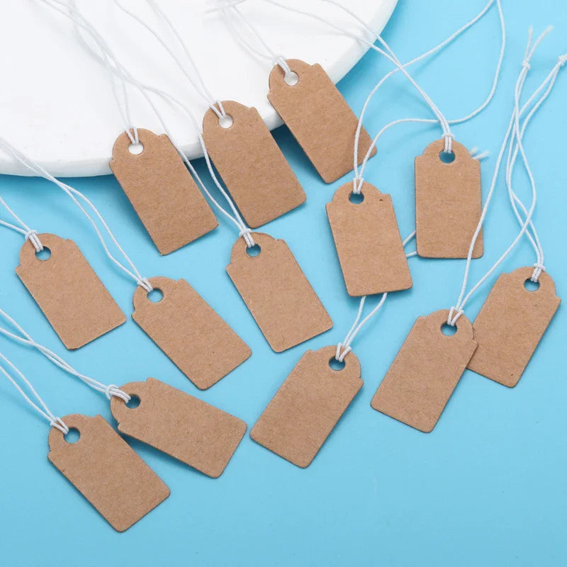 100PCS Small Jewelry Labels — DIY Blank Kraft Paper Tags with White Elastic Line, Multi-Size Price Tags X13