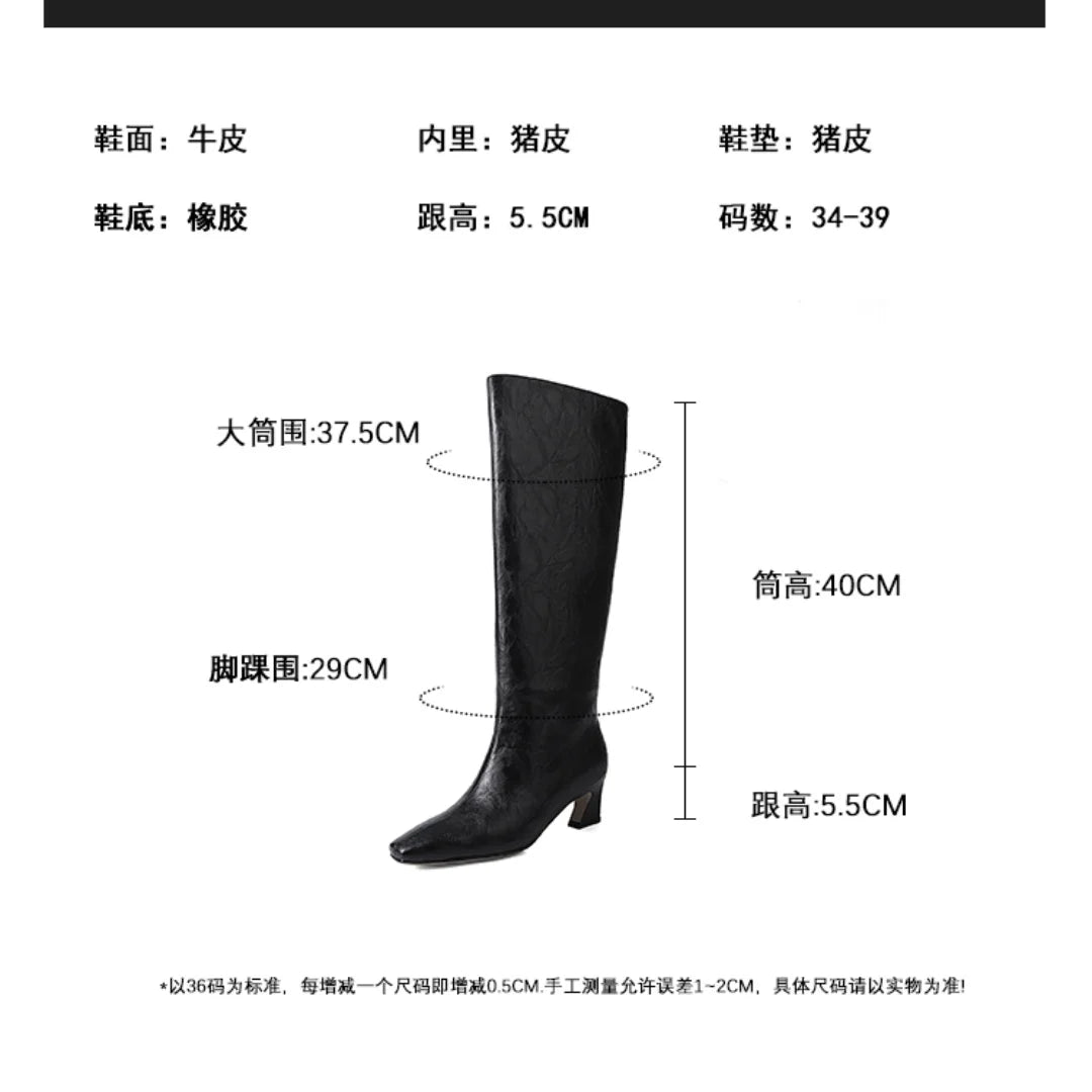 Women’s Genuine Leather Knee-High Boots – 5.5cm Thin Heel, Square Toe Slip-On Autumn Long Boots