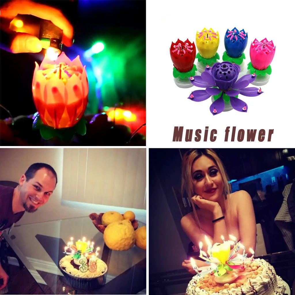 Lotus Music Candle - Double Flower Blossom Birthday Cake Rotating Electronic Candle