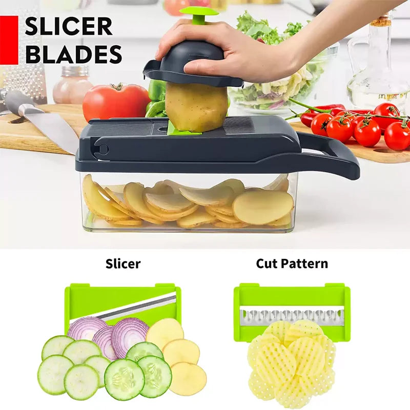 Multifunctional 14/16-in-1 Vegetable Chopper – Kitchen Food Grater, Slicer & Dicer with Handle