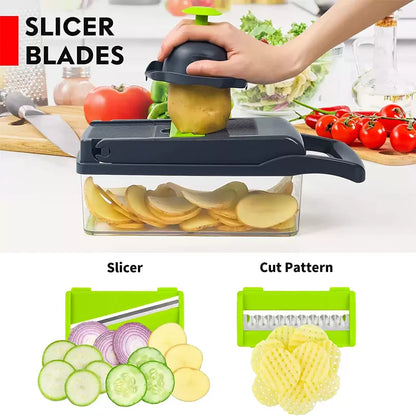 Multifunctional 14/16-in-1 Vegetable Chopper – Kitchen Food Grater, Slicer & Dicer with Handle