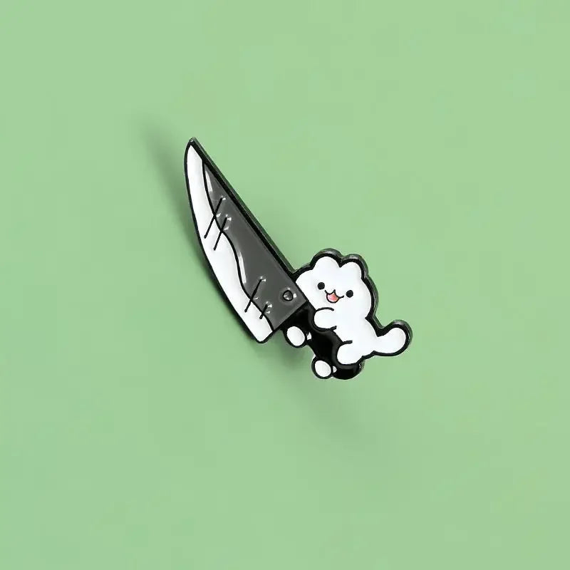 Cartoon Cat with Knife Enamel Pin – Funny Black Kitty Brooch Lapel Badge for Jacket Bag Jewelry Gift