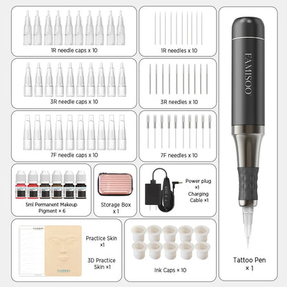 FAMISOO Professional Permanent Makeup Tattoo Machine Kit – Eyebrow, Eyeliner, Lip & Body with 6 Pigment Needles