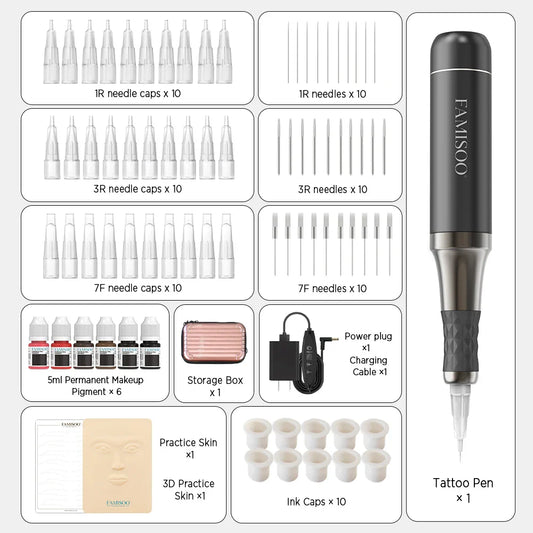 FAMISOO Professional Permanent Makeup Tattoo Machine Kit – Eyebrow, Eyeliner, Lip & Body with 6 Pigment Needles