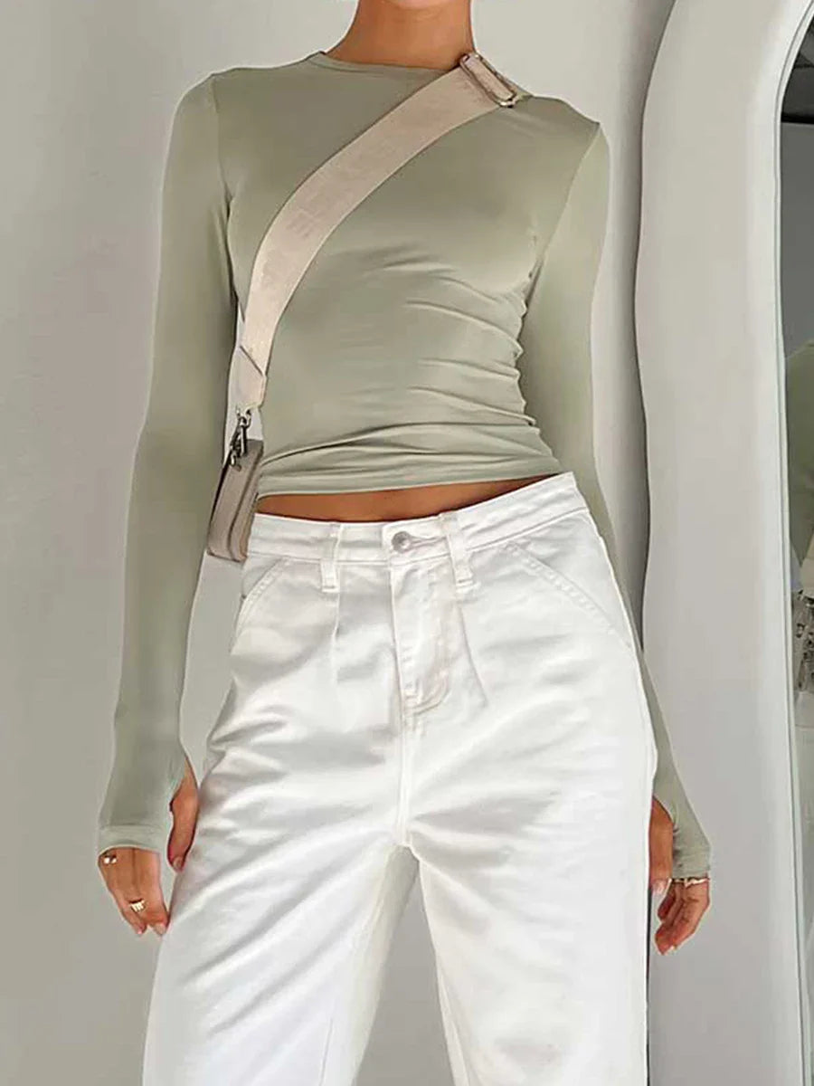 Stylish Women's Long Sleeve Crew Neck Crop Top | Solid Slim Fit T-shirt with Thumb Holes | Perfect for Daily Streetwear & Summer Camis