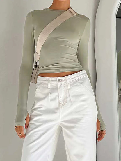 Stylish Women's Long Sleeve Crew Neck Crop Top | Solid Slim Fit T-shirt with Thumb Holes | Perfect for Daily Streetwear & Summer Camis