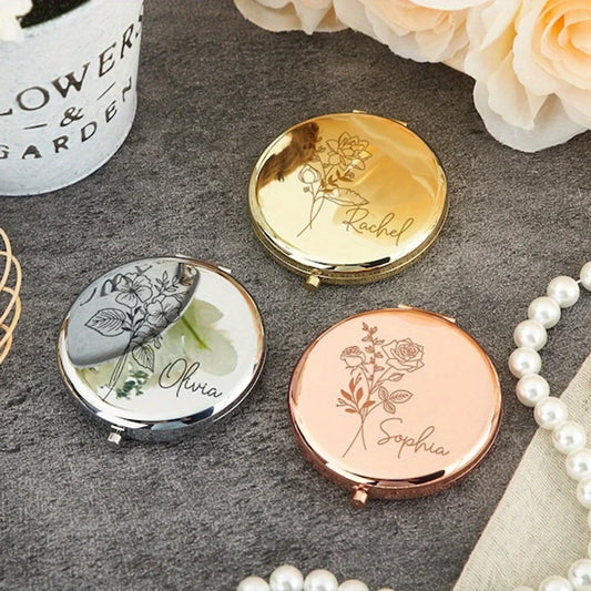 Engraved Birth Flower Compact Mirror - Personalized Name Pocket Mirror Gift for Her